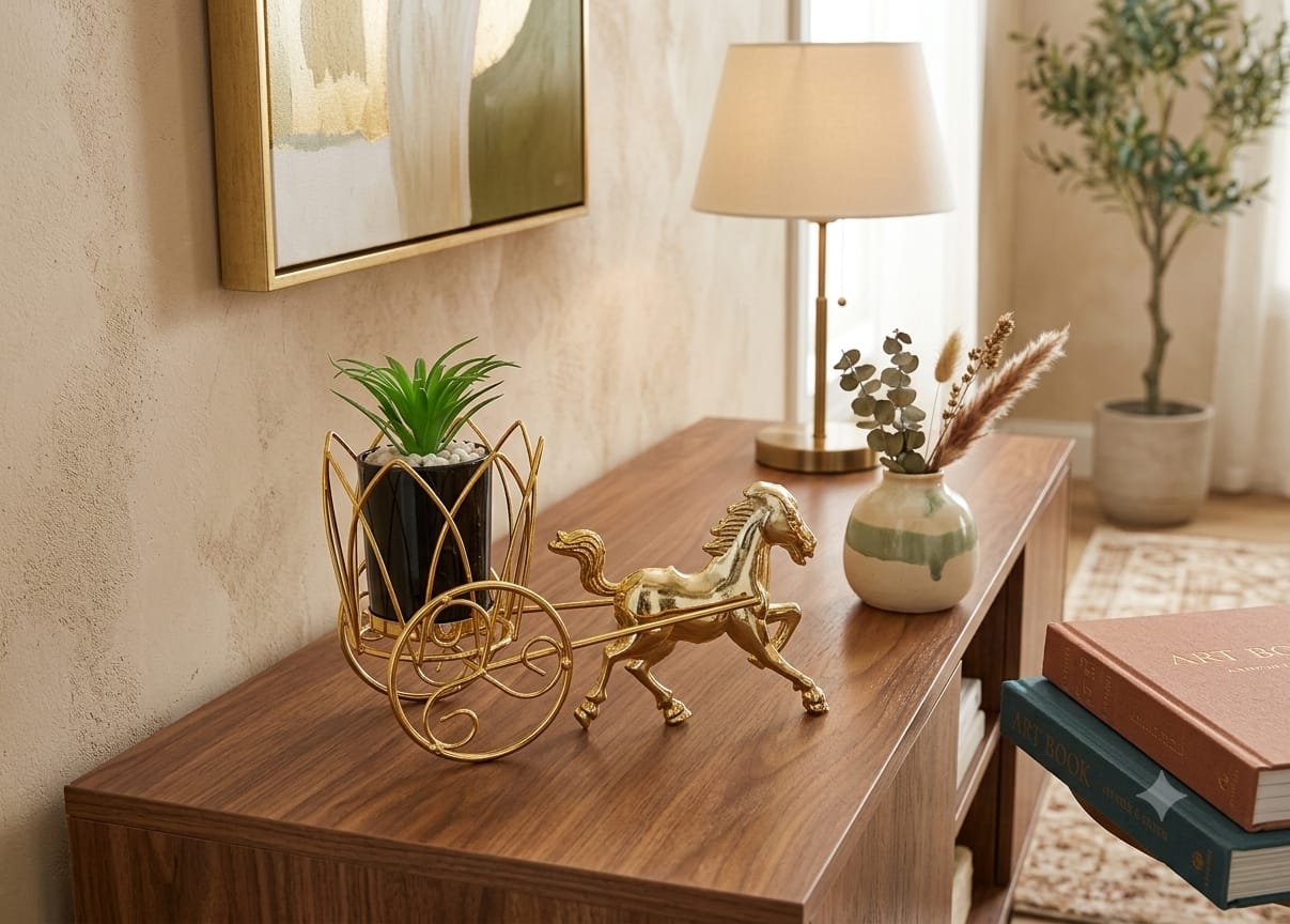 Luxury Metal Horse Chariot Desk Decor | Premium Art Decor Planter Stand