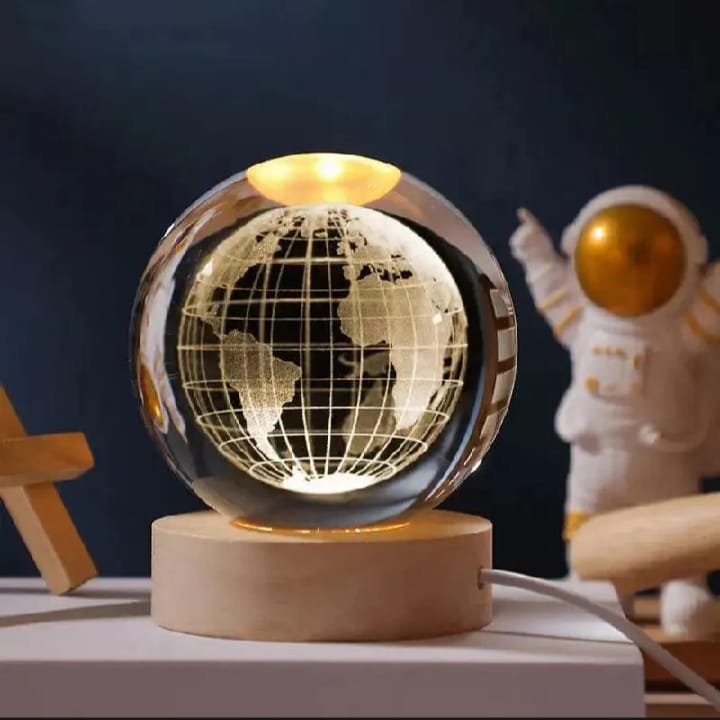 3D Laser Engraved Moon Crystal Ball Night Light with Premium Wooden Base