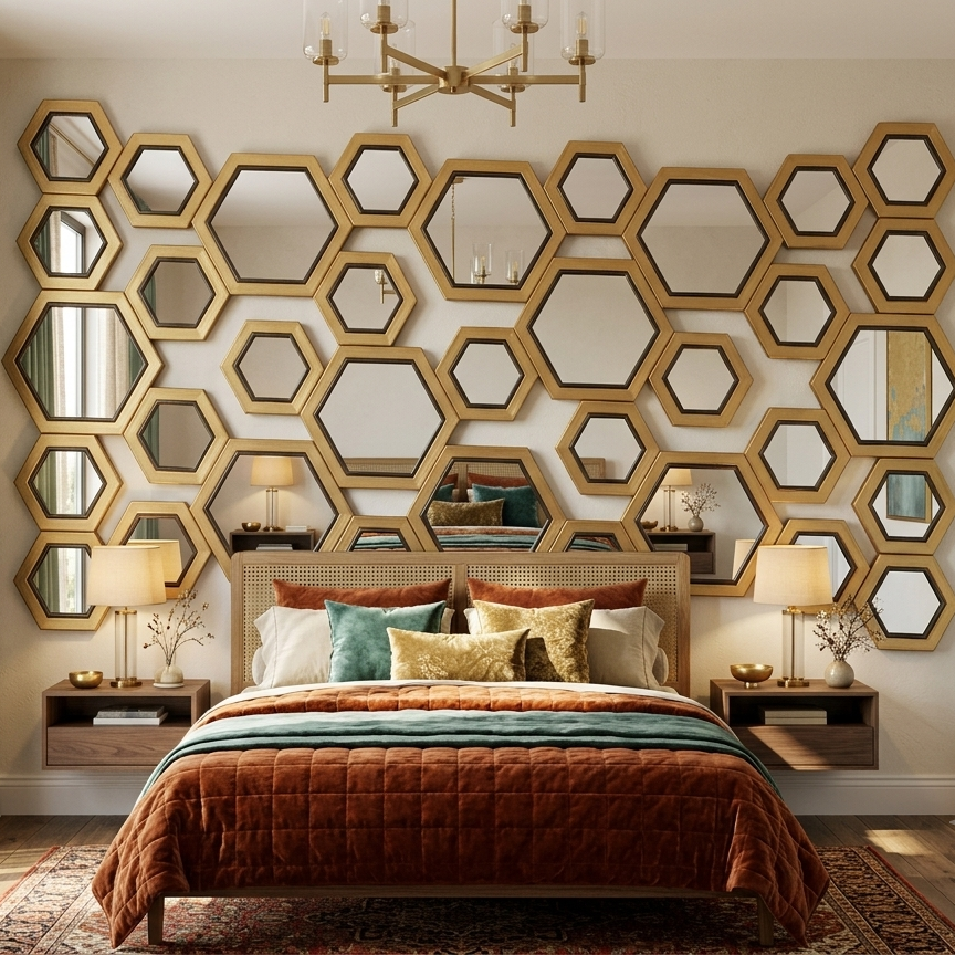 'Hexa-Gild' Multi-Panel Golden Wall Mirror Collage (Large Statement Piece)