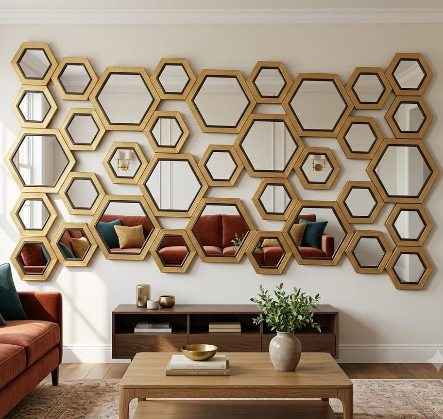 'Hexa-Gild' Multi-Panel Golden Wall Mirror Collage (Large Statement Piece)