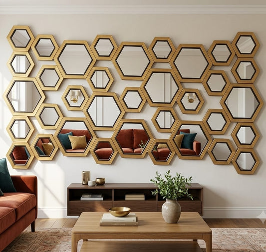 'Hexa-Gild' Multi-Panel Golden Wall Mirror Collage (Large Statement Piece)