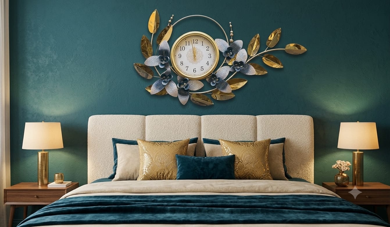 'Teal Orchid' Elegant Teal Floral Art Clock for Luxury Master Bedroom Decor