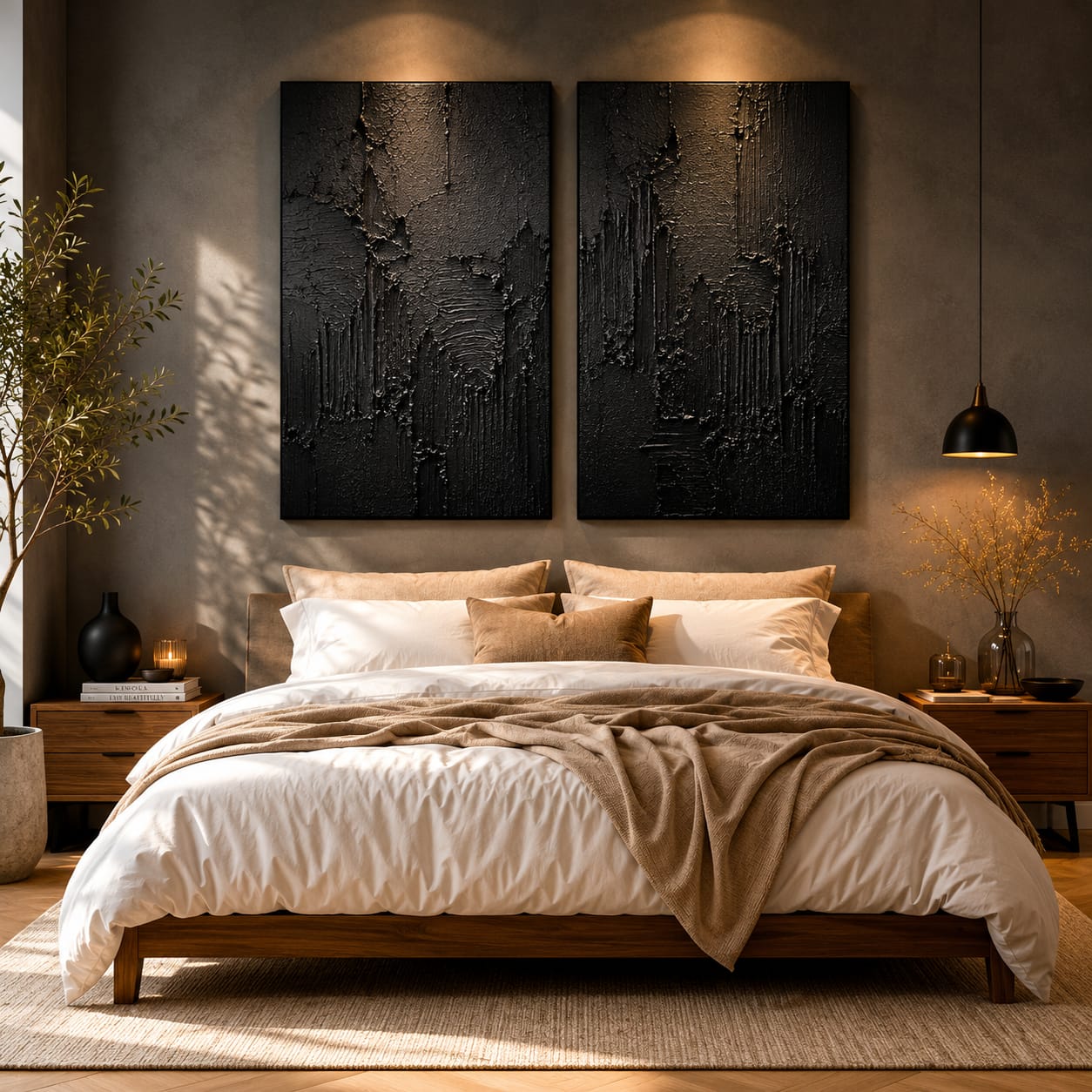 'Obsidian Texture' Large Diptych Wall Art (Set of 2) - Pure Matte Black Bold Drama