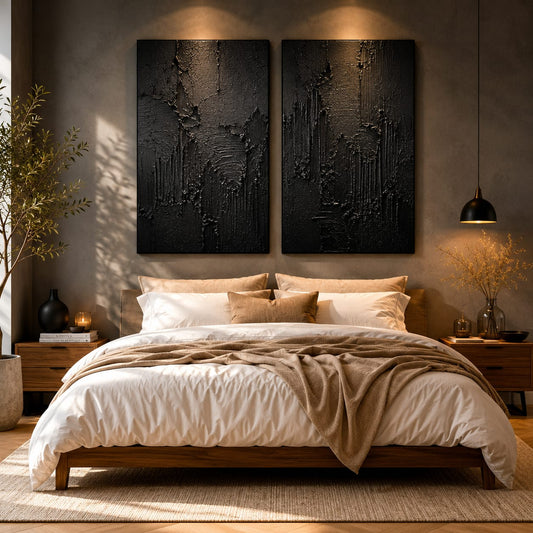 'Obsidian Texture' Large Diptych Wall Art (Set of 2) - Pure Matte Black Bold Drama