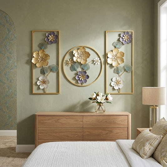 'Grand Triptych Botanical Metallic Frames' Premium 3-Piece Luxury Metal Wall Art Set