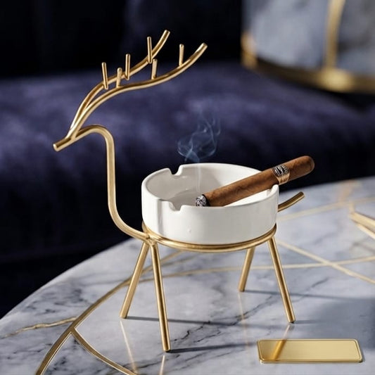 Luxury Golden Reindeer Ceramic Ashtray – Premium Nordic Style Cigarette & Cigar Holder