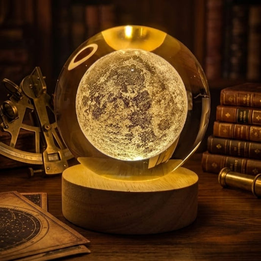 3D Laser Engraved Moon Crystal Ball Night Light with Premium Wooden Base