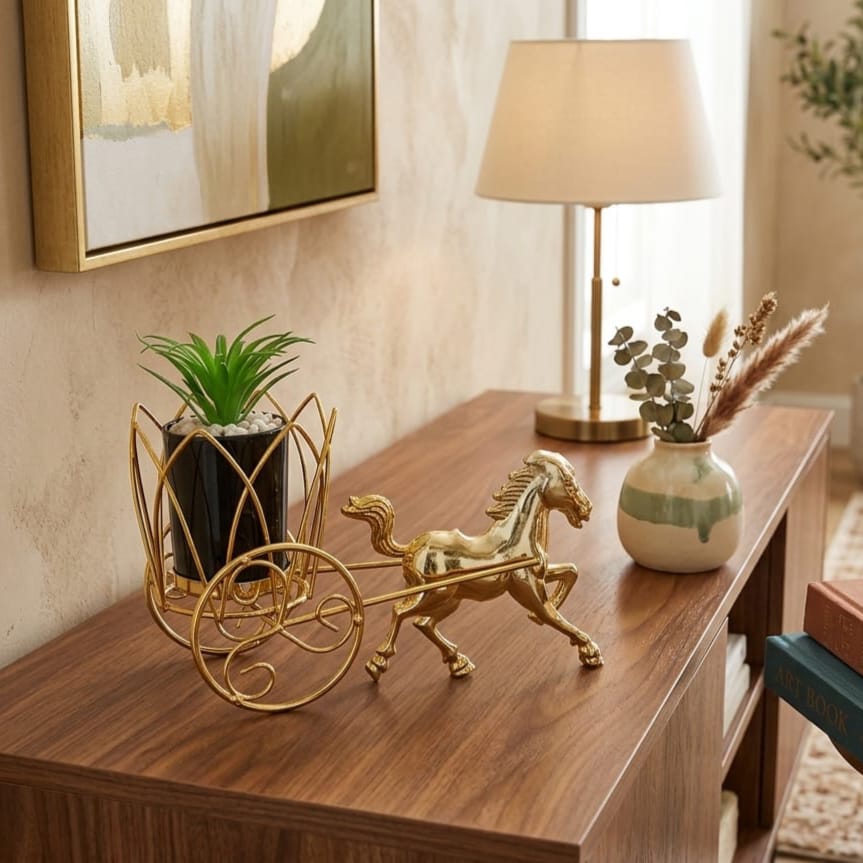 Luxury Golden Horse Cart Metal Planter with Pot