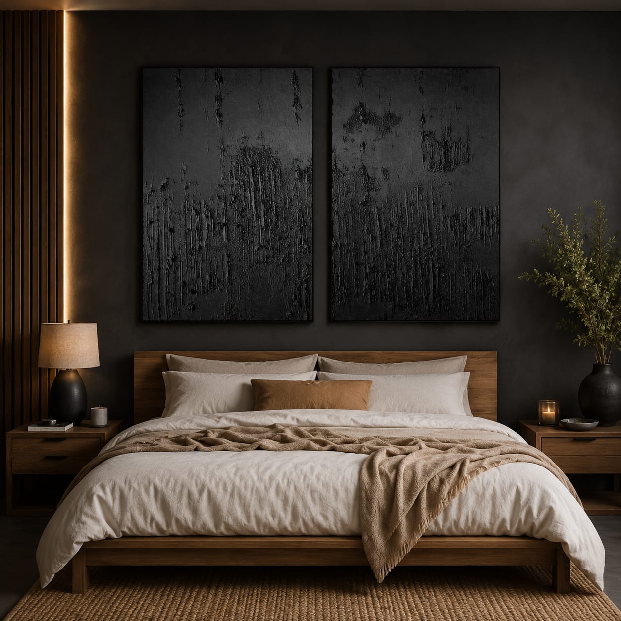 'Obsidian Texture' Large Diptych Wall Art (Set of 2) - Pure Matte Black Bold Drama