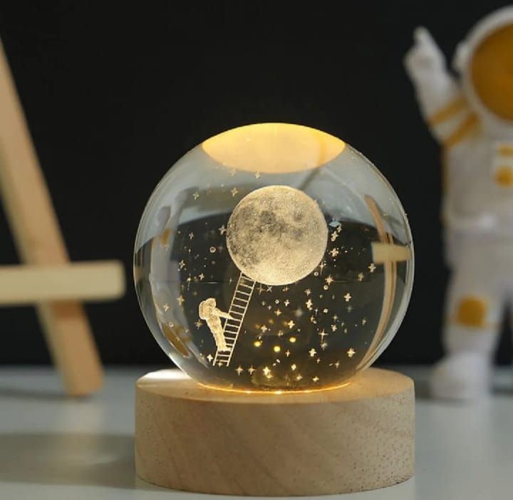 3D Laser Engraved Moon Crystal Ball Night Light with Premium Wooden Base