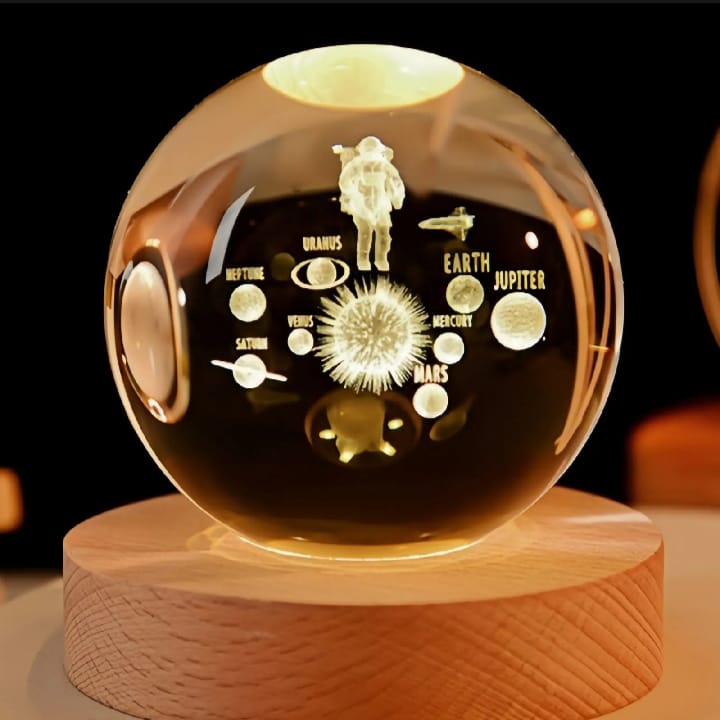 3D Laser Engraved Moon Crystal Ball Night Light with Premium Wooden Base