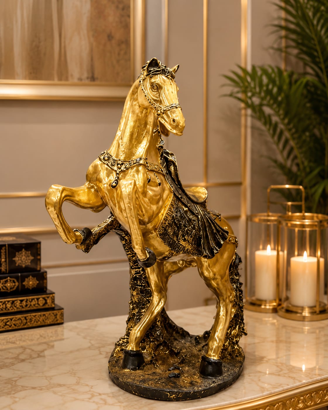Majestic Gilded Stallion Rearing Horse Figurine - Luxurious Black & Gold Decor