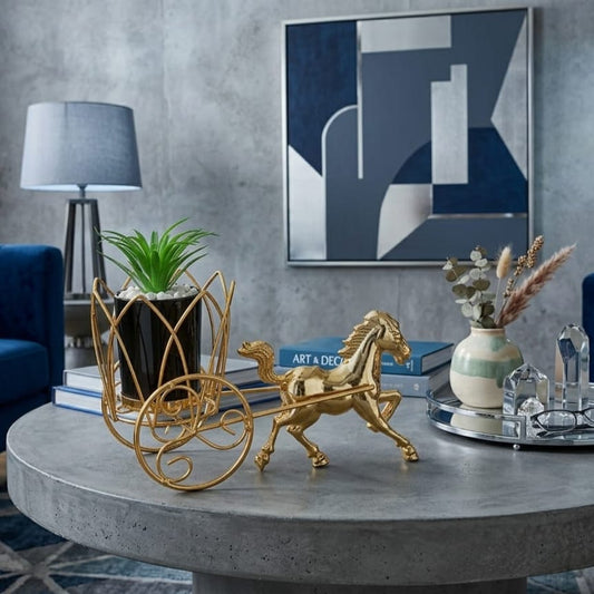 Luxury Golden Horse Cart Metal Planter with Pot